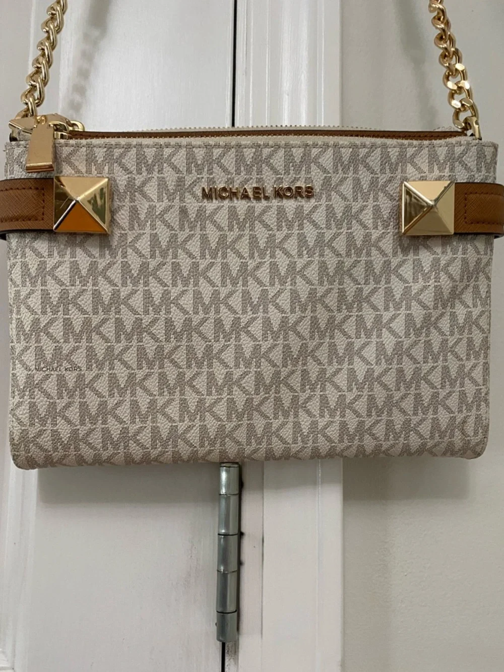 Michael Kors Cream Signature Crossbody with Brown Trim and Gold Accents